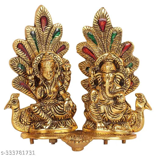 Gold-plated Laxmi Ganesh idol statue with peacock diya design, decorative showpiece (14cm H x 10cm W) - Indian handicraft