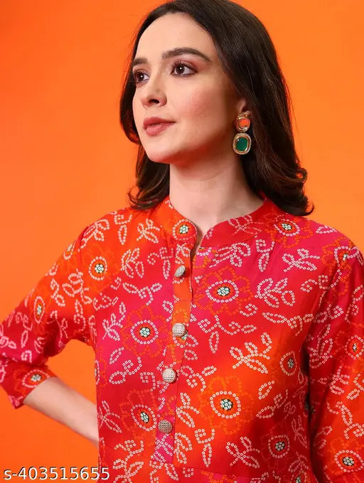 Rayon Bandhani print Anarkali Kurta, Chokhi Bandhni women's ethnic wear with three-quarter sleeves, vibrant Indian festive design
