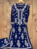 Rayon embroidered net kurta and palazzo set for women, long-sleeved Indian workwear with multiple sizes available