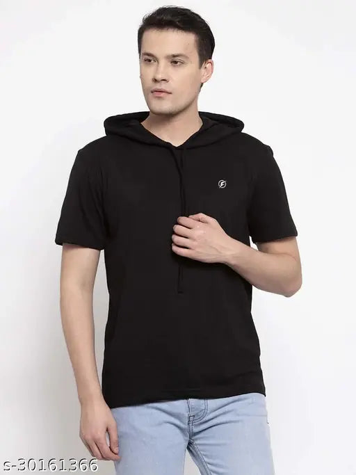 Men's black short sleeve solid cotton hooded t-shirt, high quality, round neck, India origin