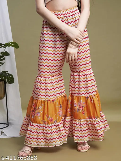 Vibrant floral printed polycotton kurta set with sharara, mustard, violet, pink & teal blue for girls aged 8-15 years