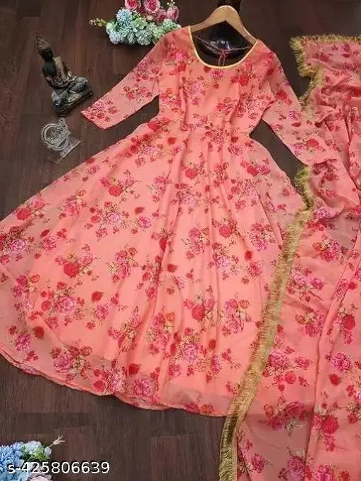 Georgette women's long party dress, traditional anarkali design for adult pregnancy or special occasions, printed net pattern, three-quarter sleeves