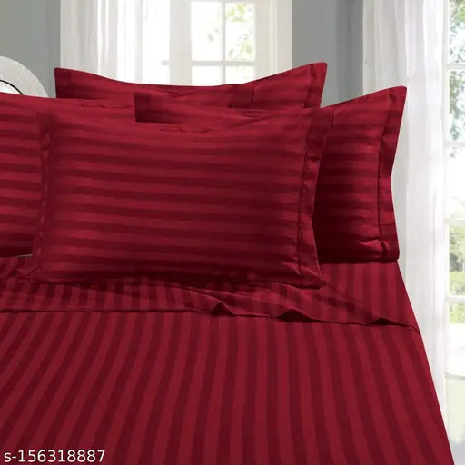 Maroon striped cotton microfiber luxury bedsheet, includes two pillow covers - ideal for summer use in home hotels or guest houses