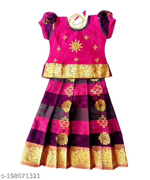 Embellished silk lehenga-choli set with tie string, suitable for kids' parties or festivals. Indian designer Pattu Pavadai and Pattu Langa