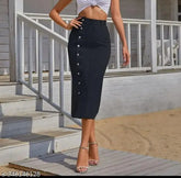 woman black denim skirt - solid a-line design, high waist with elastic band, perfect for casual or dressed up occasions, size 24/26/28/30/32, made in India