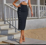 woman black denim skirt - solid a-line design, high waist with elastic band, perfect for casual or dressed up occasions, size 24/26/28/30/32, made in India