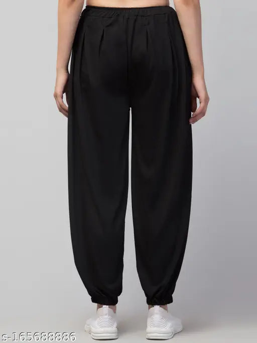 Black blend viscose harem pants, free size with elastic waistband - Indian-made women's regular fit trousers