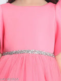Pink net high-low dress for girls, featuring solid toy balloon design, suitable for parties. Available in sizes 2-3 years, 3-4 years, and 6-7 years