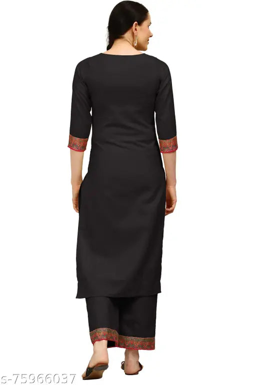 Cotton printed straight kurta set with palazzos, black, three-quarter sleeves - Laayna women's fashion from India