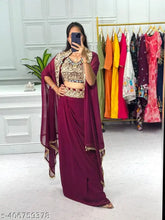 Purple Georgette gown3 with embroidered patterns, free size Indian bridal wear on mannequin