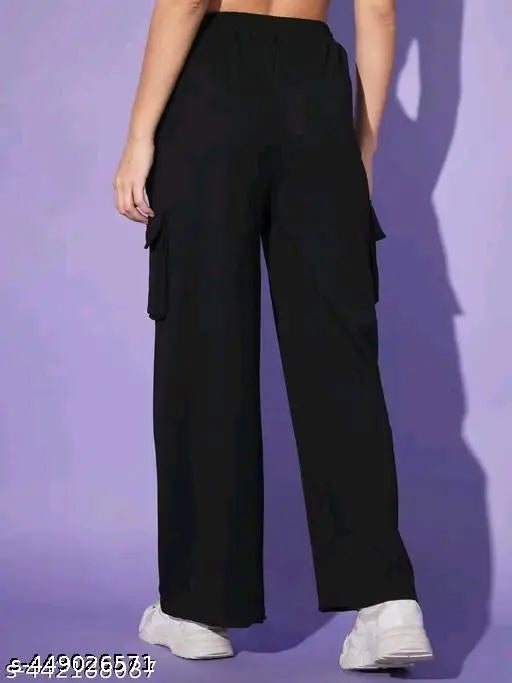 Black cotton blend solid woman cargo pants (India)