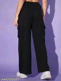 Black cotton blend solid woman cargo pants (India)