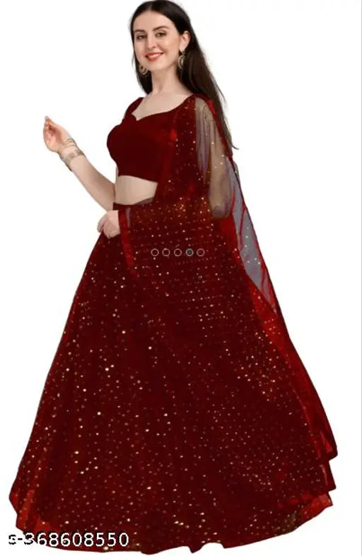 Maroon satin-net lehenga with embellished choli and matching dupatta, perfect for traditional Indian events