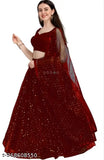 Maroon satin-net lehenga with embellished choli and matching dupatta, perfect for traditional Indian events