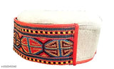 Woolen Traditional Himachali Cap (Pahadi Topi/Kullu Cap), embroidered and associated with Himachal Pradesh culture, on display stand