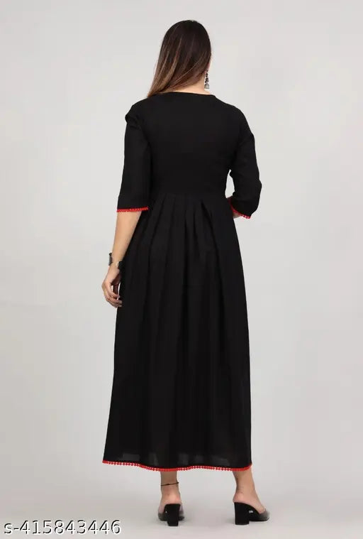 Rayon embroidered maternity feeding kurti with three-quarter sleeves, black color, flared style, size M, made in India