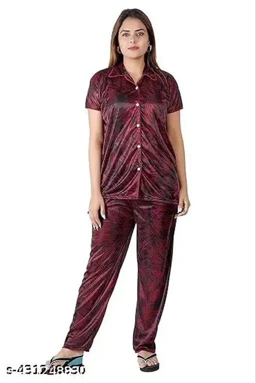 Printed satin nightwear set for women and girls, short-sleeved pyjamas in Indian design