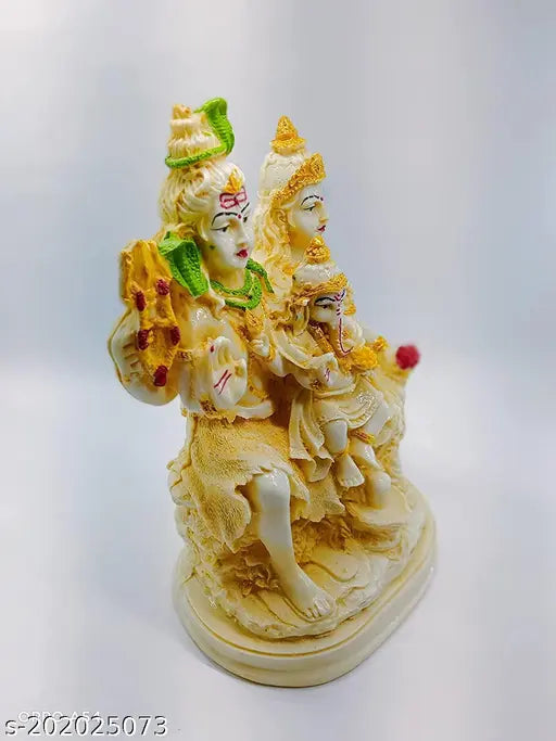 Gold plated Shiv Parivar idol showpiece, polyresin and ceramic material, Indian home decoration gift for family, friends or employees. Dimensions: 10.5cm L x 21.5cm H x 14.5cm B