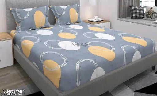 Elastic fitted cotton double bedsheet with 2 pillow covers, geometric pattern, superfine quality, ideal for summer, adult use, machine washable