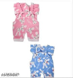Printed wool winter dungaree dress set (pink, blue & green), machine washable for baby sizes 0-3 months, handmade in India