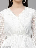 White cotton peplum top with long sleeves, lace design, V-neck, India origin