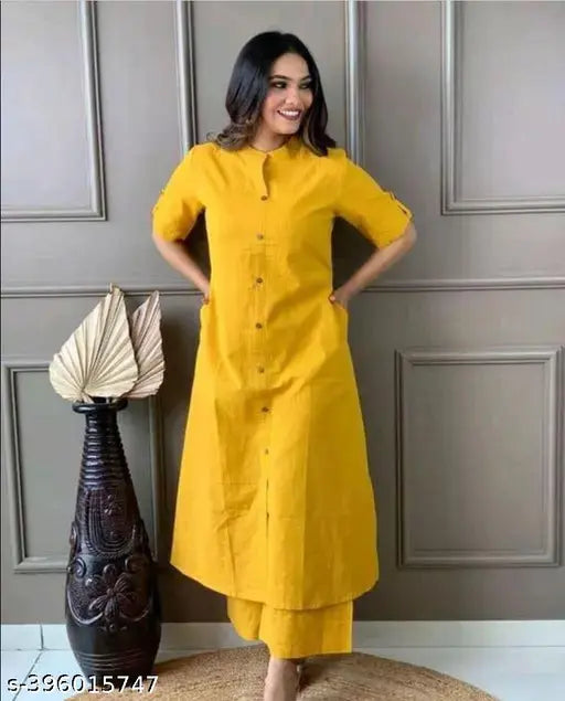 Yellow rayon kurta set with palazzos, short sleeves, single quantity, sizes S-XXXL. Indian traditional wear for women