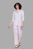 Women's printed floral front open nightsuit set, 100% cotton nightwear for sleep and lounge