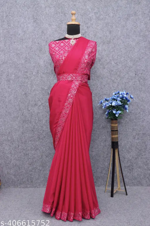 Latest designer embroidered chiffon saree with sequins belt and unstitched blouse, solid chiffon with embellished net details, perfect for festive or wedding wear