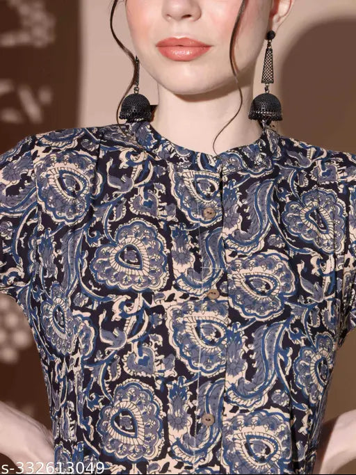 Blue Kalamkari print cotton co-ord set: Traditional Indian kurta & palazzos with roll-up sleeves & Mandarin neckline