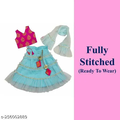 Agile Funky Kids Girls Lengha set, heavy mono net fabric with self-design ruffle pattern. Choli in repier jequared fabric, dupatta in matching mono net. Stitched for easy dressing and quality assurance