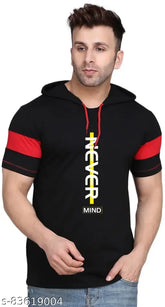 Cotton blend printed men's t-shirt with hoodie, rich bio-dyed slowloris design from India