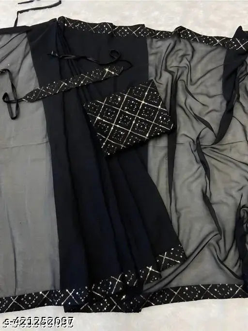 Black Georgette Bollywood Sequence Saree with Diamond Work Lace, unstitched blouse included for custom fit