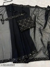 Black Georgette Bollywood Sequence Saree with Diamond Work Lace, unstitched blouse included for custom fit