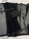 Black Georgette Bollywood Sequence Saree with Diamond Work Lace, unstitched blouse included for custom fit