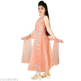 Peach chanderi embroidered flared gown, pant & dupatta. Handcrafted Indian fashion outfit for girls, age 7-8 years