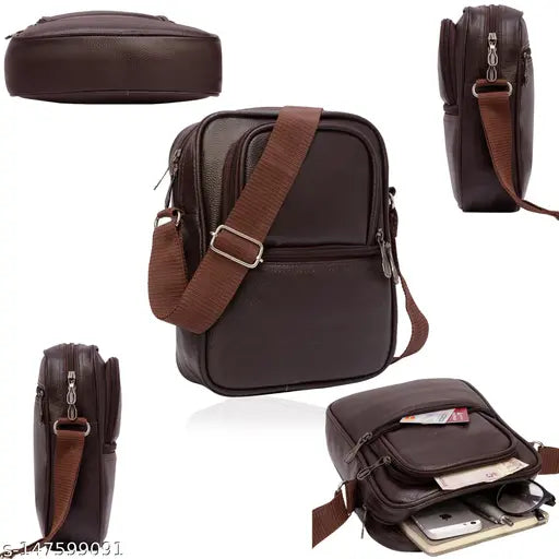 Brown PU sling bag - 3 compartments, water-resistant leatherette, ideal for professionals