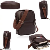 Brown PU sling bag - 3 compartments, water-resistant leatherette, ideal for professionals