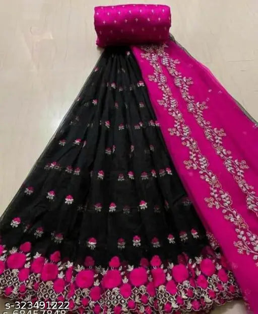 Embroidered dupion silk lehenga with net dupatta, free size, 42in waist and 44in length, Indian handcraft