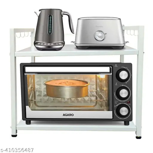 White Mannat art 2-tier microwave and OTG stand with 10 hooks, ideal for kitchen organization and space saving
