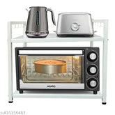 White Mannat art 2-tier microwave and OTG stand with 10 hooks, ideal for kitchen organization and space saving