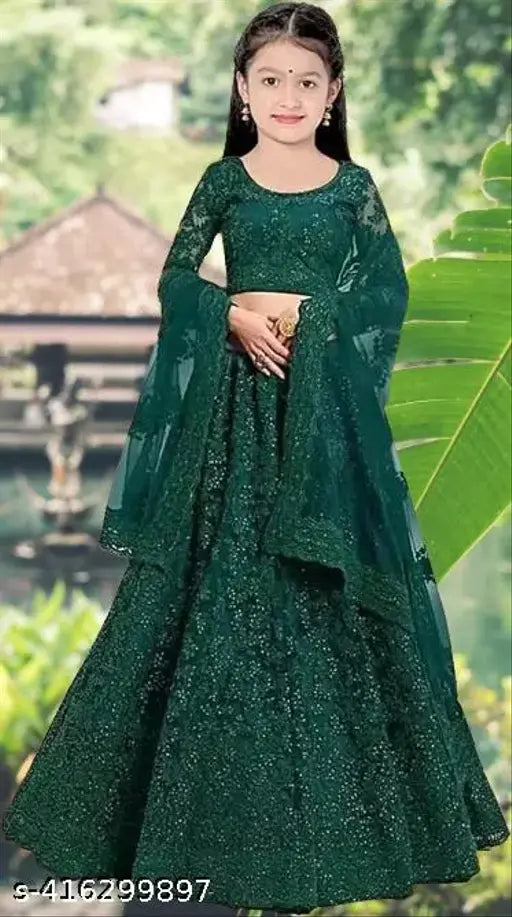 Tissue silk embroidered Lehenga Choli set with net dupatta, intricate design, perfect for weddings or festivities (3-4 years, size 24in waist)