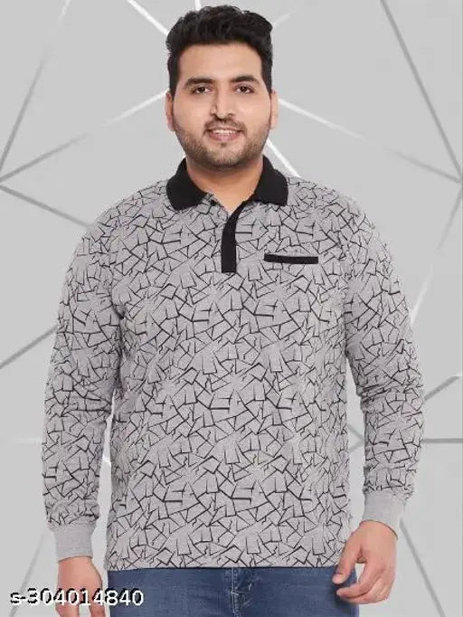 Grey cotton blend Wild West printed full-sleeve polo neck T-shirt for men, size 6XL (59 in chest, 33 in length) - fashionable and trendy, suitable for parties or casual wear
