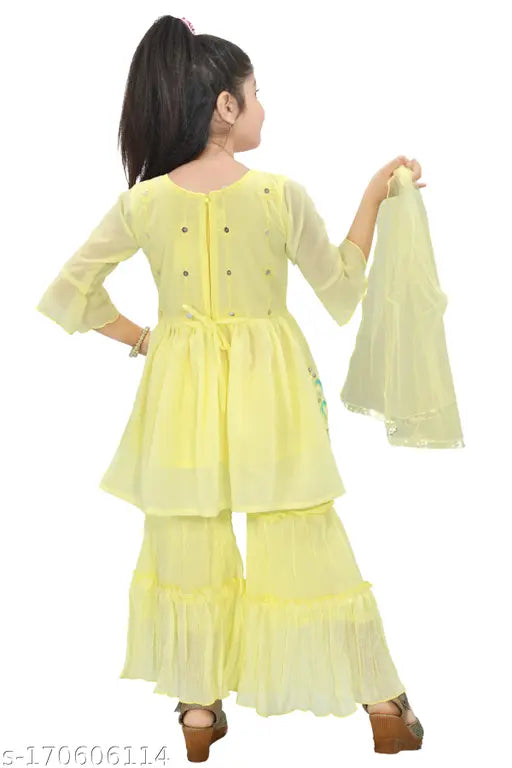 Chiffon anarkali sharara kurta suit set, embroidered three-quarter sleeves for girls, trending Indian ethnic wear, 3-4 years size