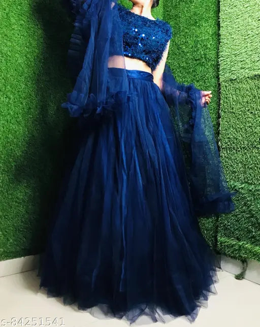 Blue acrylic lehenga with embellished top, ruffle dupatta on display
