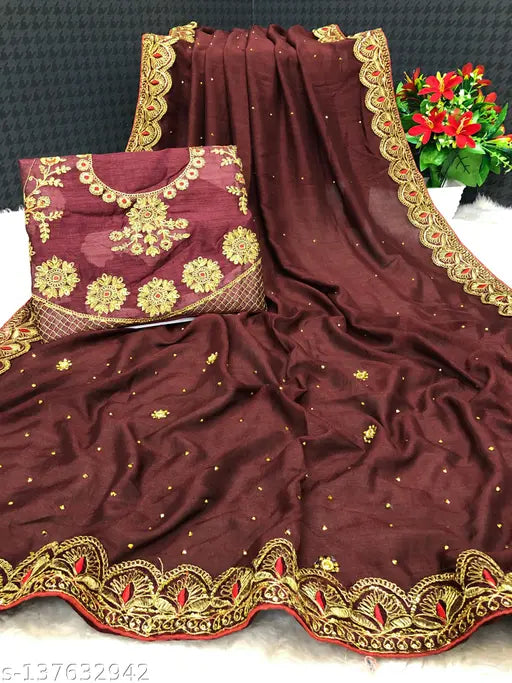 Vichitra silk saree, heavy embellishments, Indian traditional attire with separate blouse, free size (L5.5m/B0.8m)