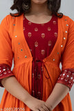 Rayon embroidered shrug with printed inner kurta, three-quarter sleeves. Women's Indian fashion on mannequin