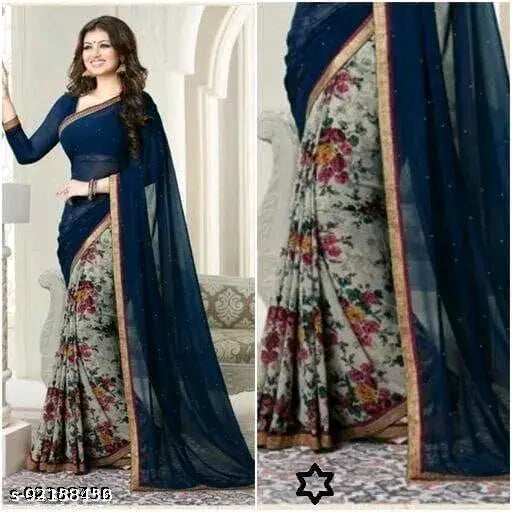 Georgette daily wear Bollywood-printed saree, free size with separate dupion silk blouse, Indian origin