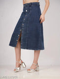 Trendy dobby denim skirt, solid color, comfortable fit for women and girls. Available in sizes: 28, 30, 32, 34, 36, 38 (Waist 28-38, Hip 35-45). Made in India