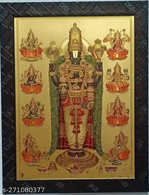 Synthetic resin, gold-foiled Hindu photo frame featuring Tirupati Balaji and Ashtalakshmi, size 9x12 inches, Indian origin