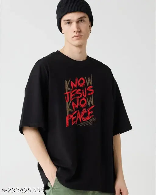 Jesus peace printed cotton blend t-shirt, oversized fit, three-quarter sleeves